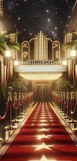 Elegant Hollywood red carpet scene with starry night backdrop.