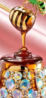 Jeweled honey pot with bee on pink background.