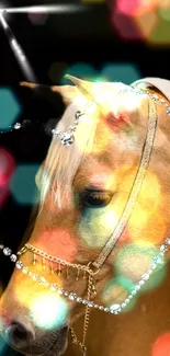 Palomino horse with jewels and bokeh lights wallpaper.