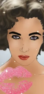 Illustrated portrait of a glamorous woman with pink lipstick and sparkling details.