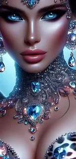 Digital art portrait with jewels and vibrant colors.