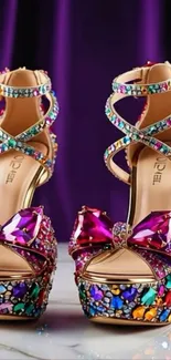 Jewel-encrusted high heels with colorful gems.