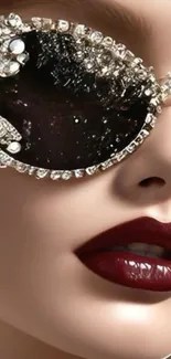 Close-up of jewel-encrusted sunglasses and bold red lips.
