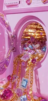 Overflowing jewels from pink washing machine.