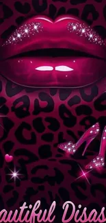 Glamorous pink leopard print with lips and heels wallpaper.