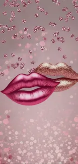 Glamorous pink and golden lips with sparkles on a wallpaper background.