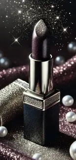 Elegant black lipstick with shimmering pearls and glitter.