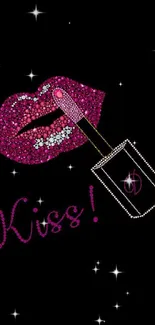 Sparkling lipstick art with pink lips on a black background.