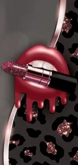 Lipstick art with glitter and leopard pattern in chic wallpaper design.