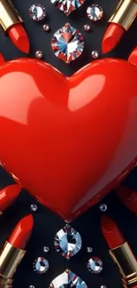 Red heart with lipsticks and gems on dark background.
