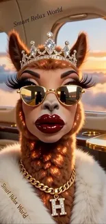 Glamorous llama wearing sunglasses in a private jet setting with sunset view.