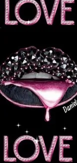 Stylish pink lips on black background with love text.