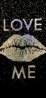 Glamorous Love Me wallpaper with sparkling lips on black background.