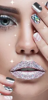 Close-up of glam makeup and artistic nails in a chic mobile wallpaper.