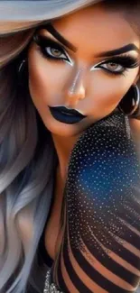 Glamorous woman with bold makeup and silver accents.