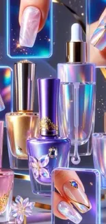 Vibrant collection of nail polish bottles with glittering effects.