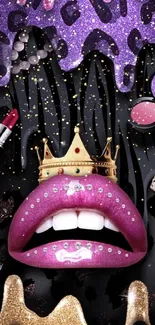 Glamorous pink and gold lips wallpaper with a crown.