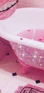 Glamorous pink bathtub with sparkling decor in chic bathroom.