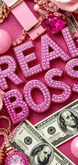 Glamorous pink wallpaper with 'Real Boss' text and money.