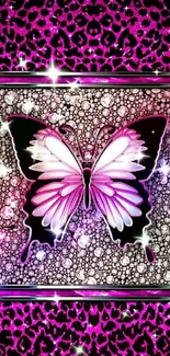 Pink butterfly wallpaper with sparkles and leopard print details.