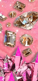 Pink background with sparkling diamonds and crystals.