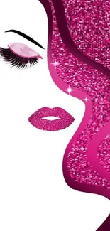 Pink glitter art with abstract female face design on wallpaper.