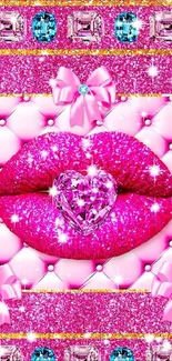 Glamorous pink glitter wallpaper with sparkling lips and gemstones.