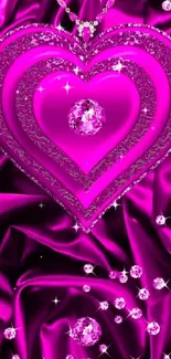 Glamorous pink heart wallpaper with sparkling gemstones on silk backdrop.