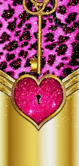 Vibrant wallpaper with pink leopard print, glittery heart lock, and golden key.