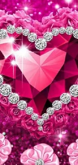 Vibrant pink heart wallpaper with crystals and flowers.