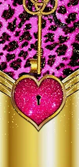 Mobile wallpaper featuring a pink heart with a golden key and leopard print background.