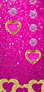 Glamorous pink wallpaper with hearts and gold glitter accents.