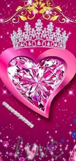 Glamorous pink wallpaper with heart, crown, and diamond accents.