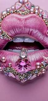 Glamorous pink lips with sparkling jewels on a stylish mobile wallpaper.