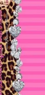 Glamorous pink leopard wallpaper with diamonds.