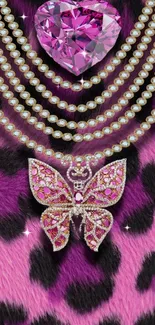 Glam pink leopard print with jewel butterfly and heart design.