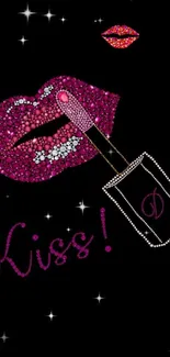 Glamorous wallpaper with pink glittery lips and lipstick on black background.