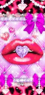 Glamorous pink and purple wallpaper with lips and sparkling diamonds.