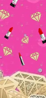 Glamorous pink wallpaper with lipsticks and diamonds.