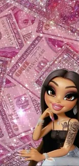 Cartoon girl with pink money background