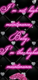 Glamorous pink neon text wallpaper with glittering hearts.