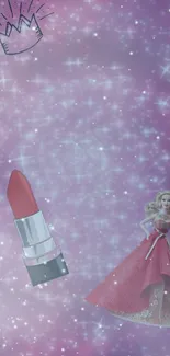 Pink glamour wallpaper with doll and lipstick, sparkling stars.