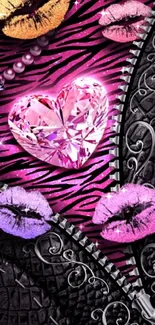 Glamorous pink heart and zebra pattern wallpaper.