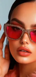 Glamorous woman wearing red sunglasses.