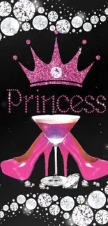 Glamorous pink princess theme with crown and heels.