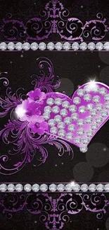 Glamorous purple heart with diamond accents on black background.