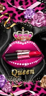 Glamorous wallpaper with lipstick, crown, and roses.