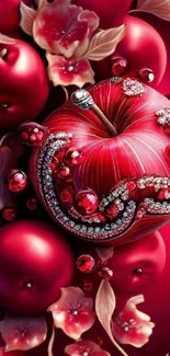 Jeweled red apple with floral accents wallpaper.