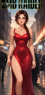 Woman in a glamorous red dress walking down an urban street.