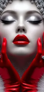 Portrait with striking red gloves and glamorous style.